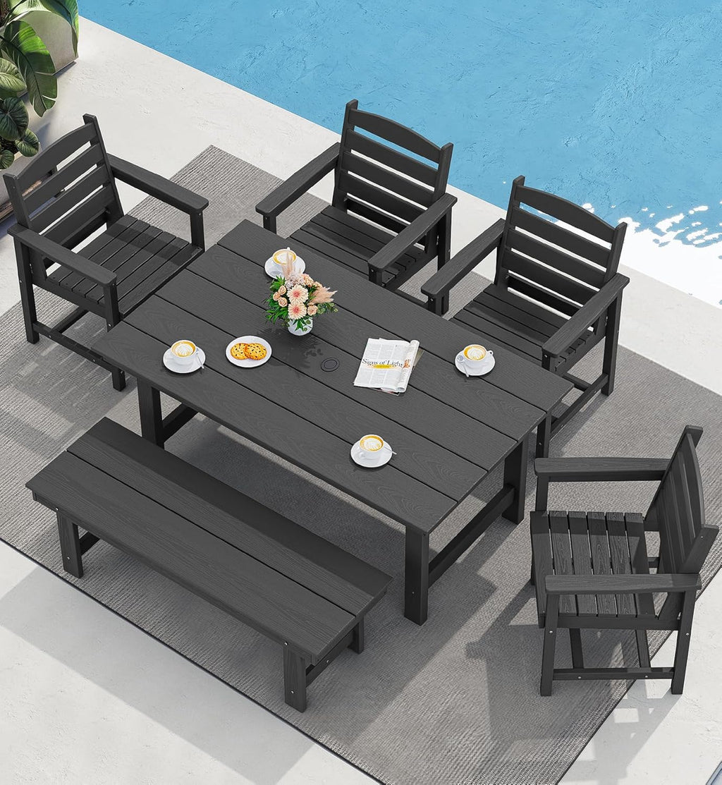 SERWALL 7-Piece Patio Table Set, Outdoor HDPE Dining Furniture with Umbrella Hole, All Weather Table and Chairs for Lawn, Garden, Poolside, Aruba