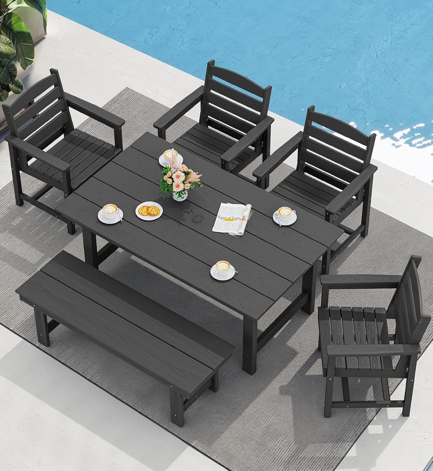 SERWALL 7-Piece Patio Table Set, Outdoor HDPE Dining Furniture with Umbrella Hole, All Weather Table and Chairs for Lawn, Garden, Poolside, Aruba