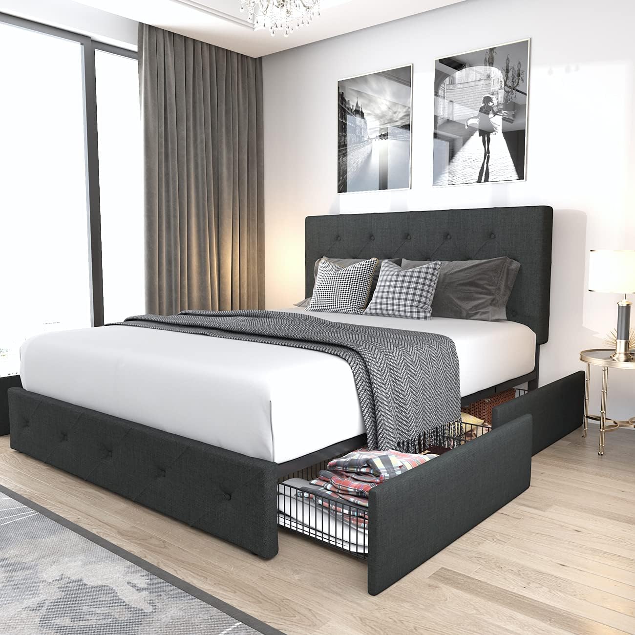 Allewie Upholstered Queen Size Platform Bed Frame with 4 Storage Drawers and Headboard, Square Stitched Button Tufted, Mattress Foundation with Wooden Slats Support, No Box Spring Needed, Light Grey