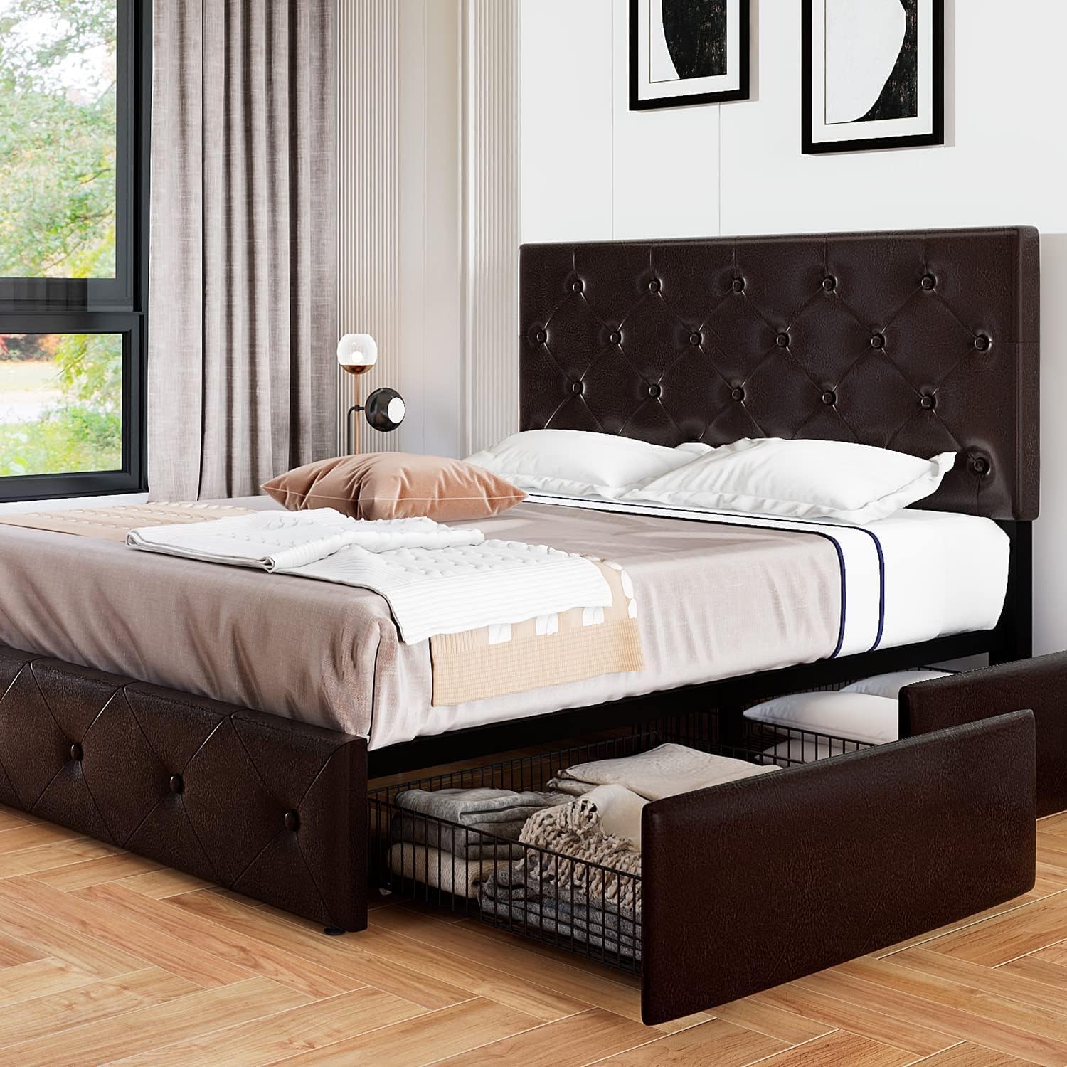 Allewie Upholstered Queen Size Platform Bed Frame with 4 Storage Drawers and Headboard, Square Stitched Button Tufted, Mattress Foundation with Wooden Slats Support, No Box Spring Needed, Light Grey