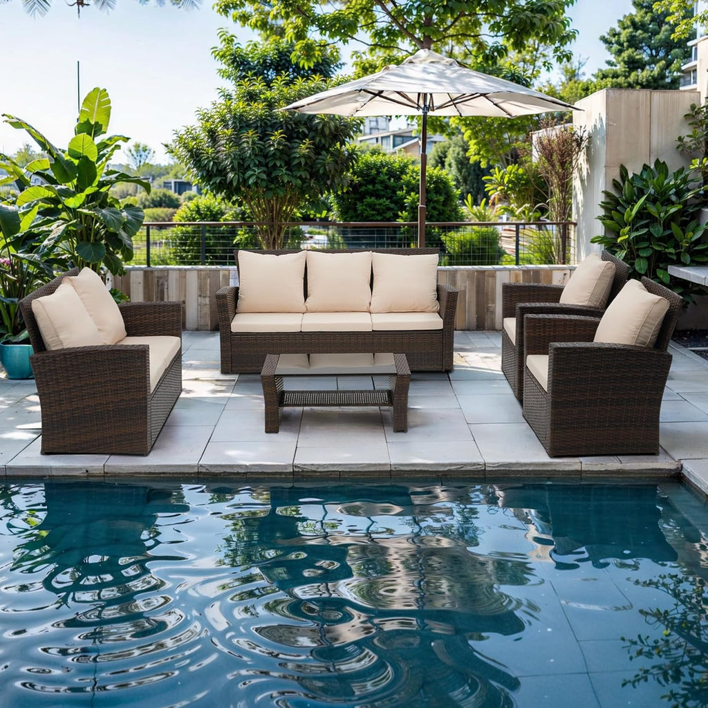 Wisteria Lane 4 Piece Outdoor Patio Furniture Sets, Wicker Conversation Set for Porch Deck, Grey Rattan Sofa Chair with Cushion （Blue