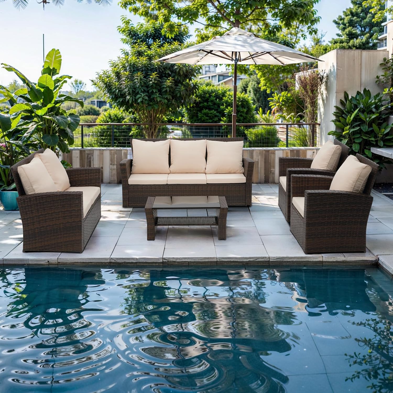 Wisteria Lane 4 Piece Outdoor Patio Furniture Sets, Wicker Conversation Set for Porch Deck, Grey Rattan Sofa Chair with Cushion （Blue