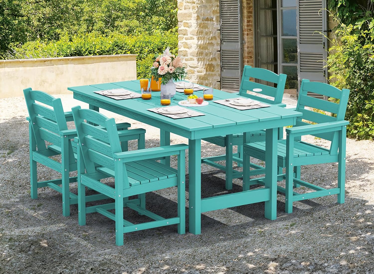 SERWALL 7-Piece Patio Table Set, Outdoor HDPE Dining Furniture with Umbrella Hole, All Weather Table and Chairs for Lawn, Garden, Poolside, Aruba