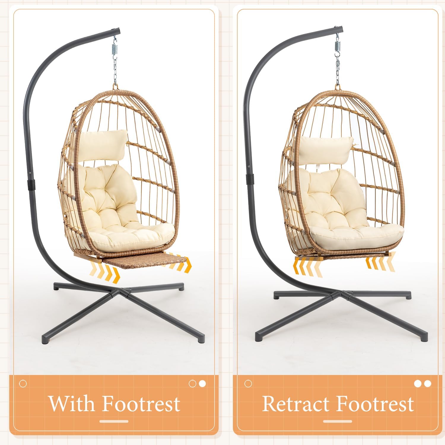 Yechen Indoor Outdoor Egg Hanging Chair with Stand, Patio Wicker Swing Egg Chair Indoor Swinging Chair Outdoor Hammock Egg Chair 350lbs Capacity for Patio Bedroom Balcony, Charcoal Grey (EG-001)