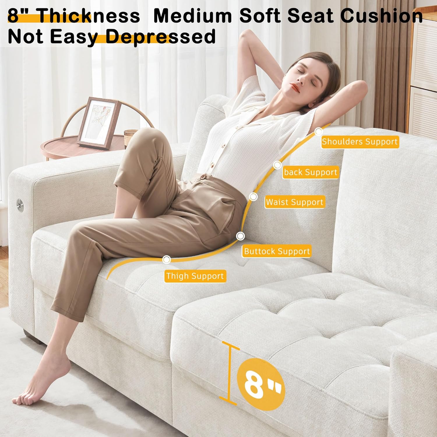 Hanherry 89" Sofa for Living Room, Modern Comfy Sofa with Medium Firm Seat Cushion, Removable Cover,Wide Armrest,USB/Type-C Port,Chenille Fabric Couches for Small Space,Apartment