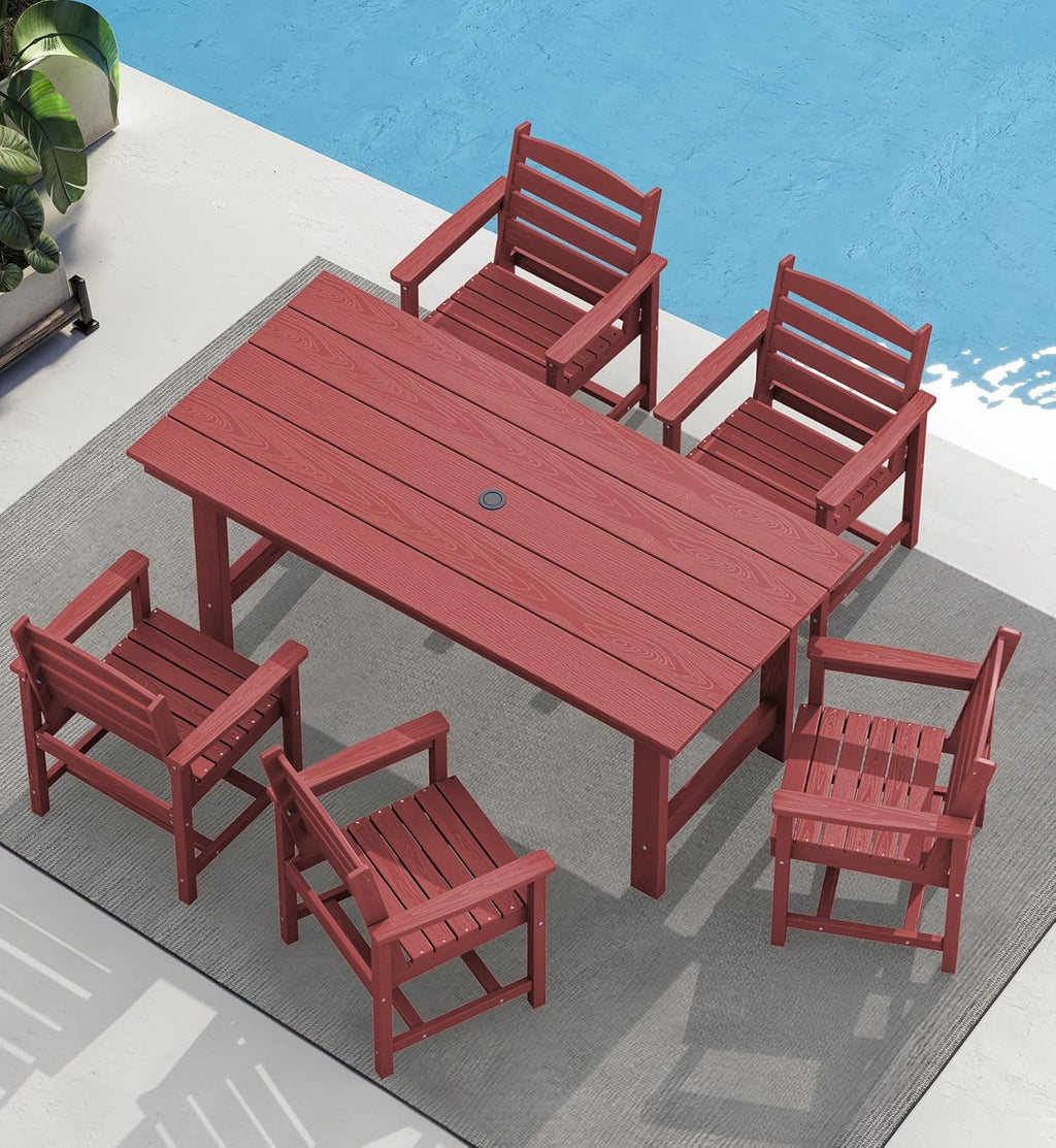 SERWALL 7-Piece Patio Table Set, Outdoor HDPE Dining Furniture with Umbrella Hole, All Weather Table and Chairs for Lawn, Garden, Poolside, Aruba