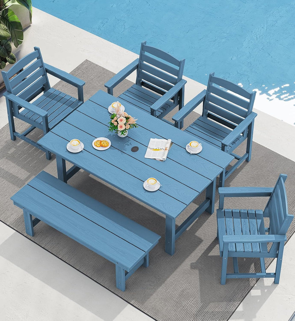 SERWALL 7-Piece Patio Table Set, Outdoor HDPE Dining Furniture with Umbrella Hole, All Weather Table and Chairs for Lawn, Garden, Poolside, Aruba