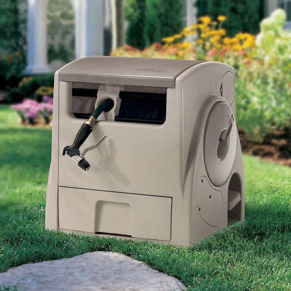 Suncast 100 ft. Powerwind Auto Power Rewind Hose Reel, Light Taupe