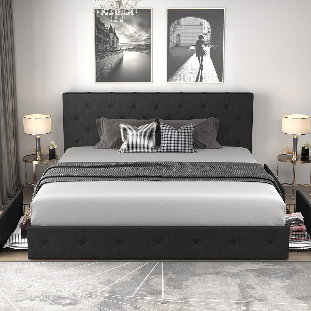 Allewie Upholstered Queen Size Platform Bed Frame with 4 Storage Drawers and Headboard, Square Stitched Button Tufted, Mattress Foundation with Wooden Slats Support, No Box Spring Needed, Light Grey