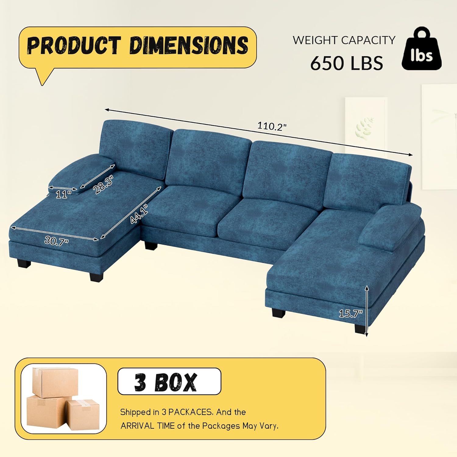 JUMMICO Sectional Couches for Living Room, U Shaped Couch with Chenille Fabric, 4 Seat Modern Sofa with Removable Pillows for Apartment and Small Space (Fabric, Grey)