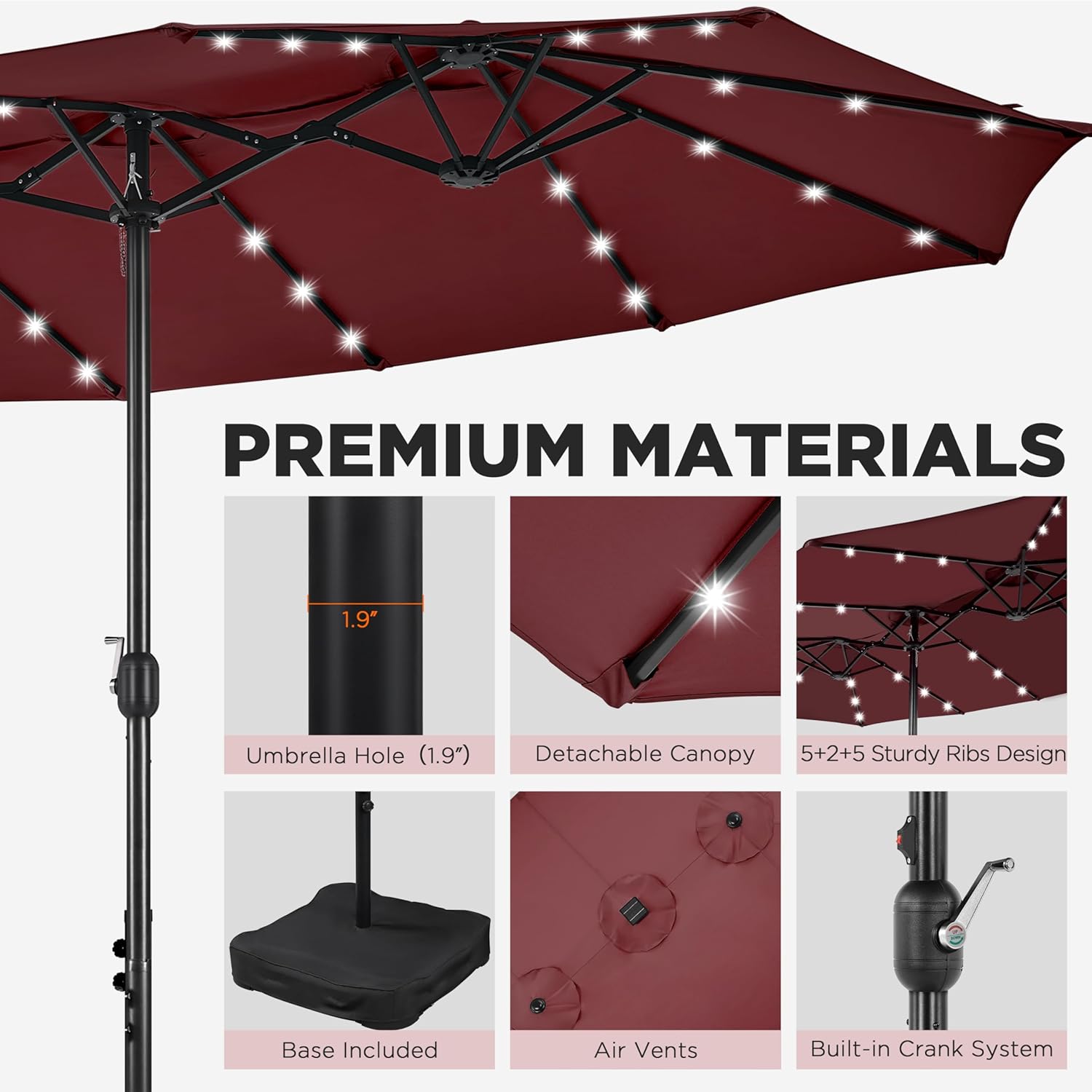 15 ft Large Patio Umbrella with Solar Lights Double-Sided Outdoor Rectangle Market Umbrellas with 36 LED Lights/Base Included/Easy Crank for Patio Garden Yard Pool Lawn, Brown