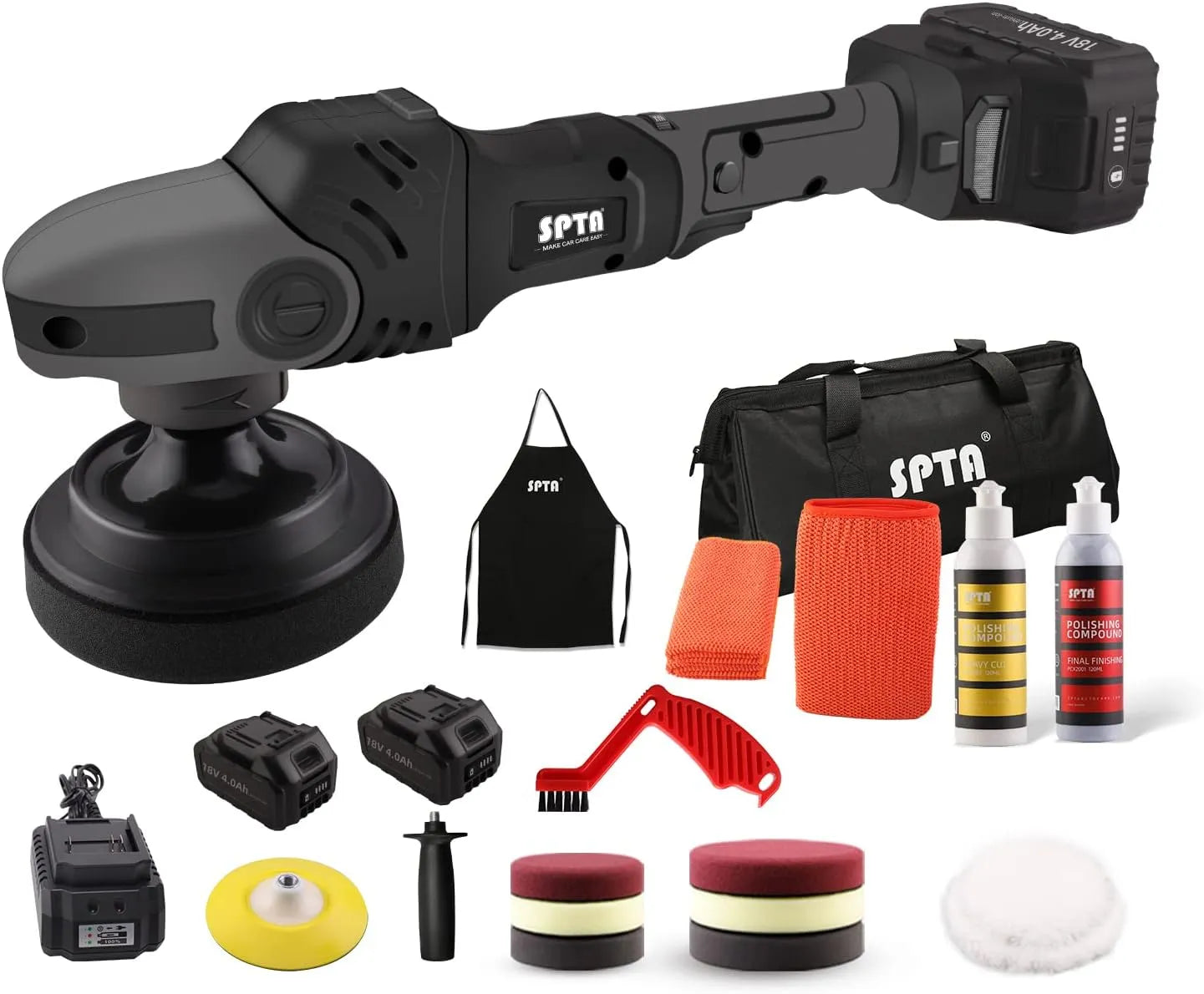 18V Cordless Car Polisher, 15mm Orbit 2000-4800 OPM Portable Buffer Polisher with 7 Variable Speed 2Pcs 4.0Ah Battery, 6 Sponge Pads,2 Wool Pad, Tool Bag for Car Polishing, Waxing