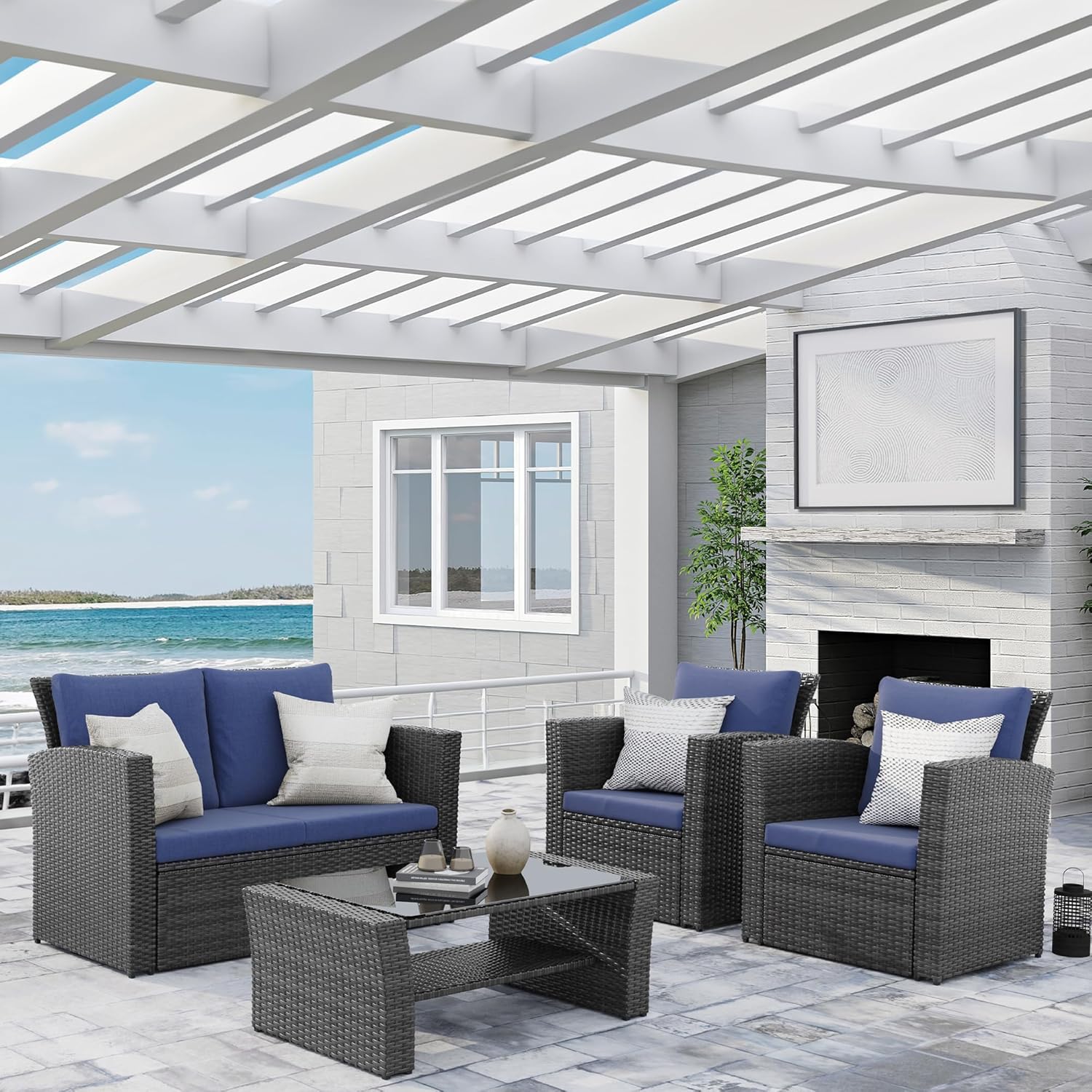 Wisteria Lane 4 Piece Outdoor Patio Furniture Sets, Wicker Conversation Set for Porch Deck, Grey Rattan Sofa Chair with Cushion （Blue
