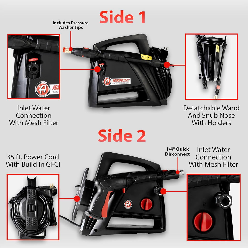 Electric Pressure Washer 2.0, Powerful 1.4 GPM 2000 PSI Car Pressure Washer Sprayer, Snub Nose & Tip Attachment, Use,Car Soap, Patio Boat RV Motorcycle Car Garage Deck Adam's Polishes
