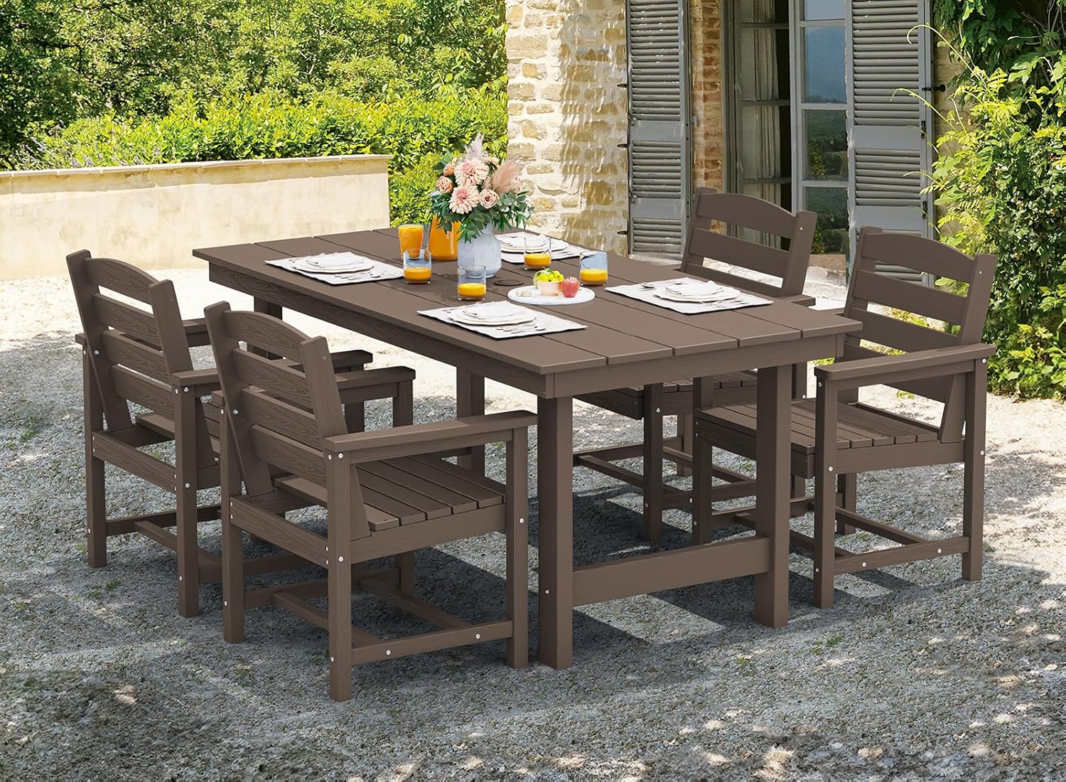 SERWALL 7-Piece Patio Table Set, Outdoor HDPE Dining Furniture with Umbrella Hole, All Weather Table and Chairs for Lawn, Garden, Poolside, Aruba