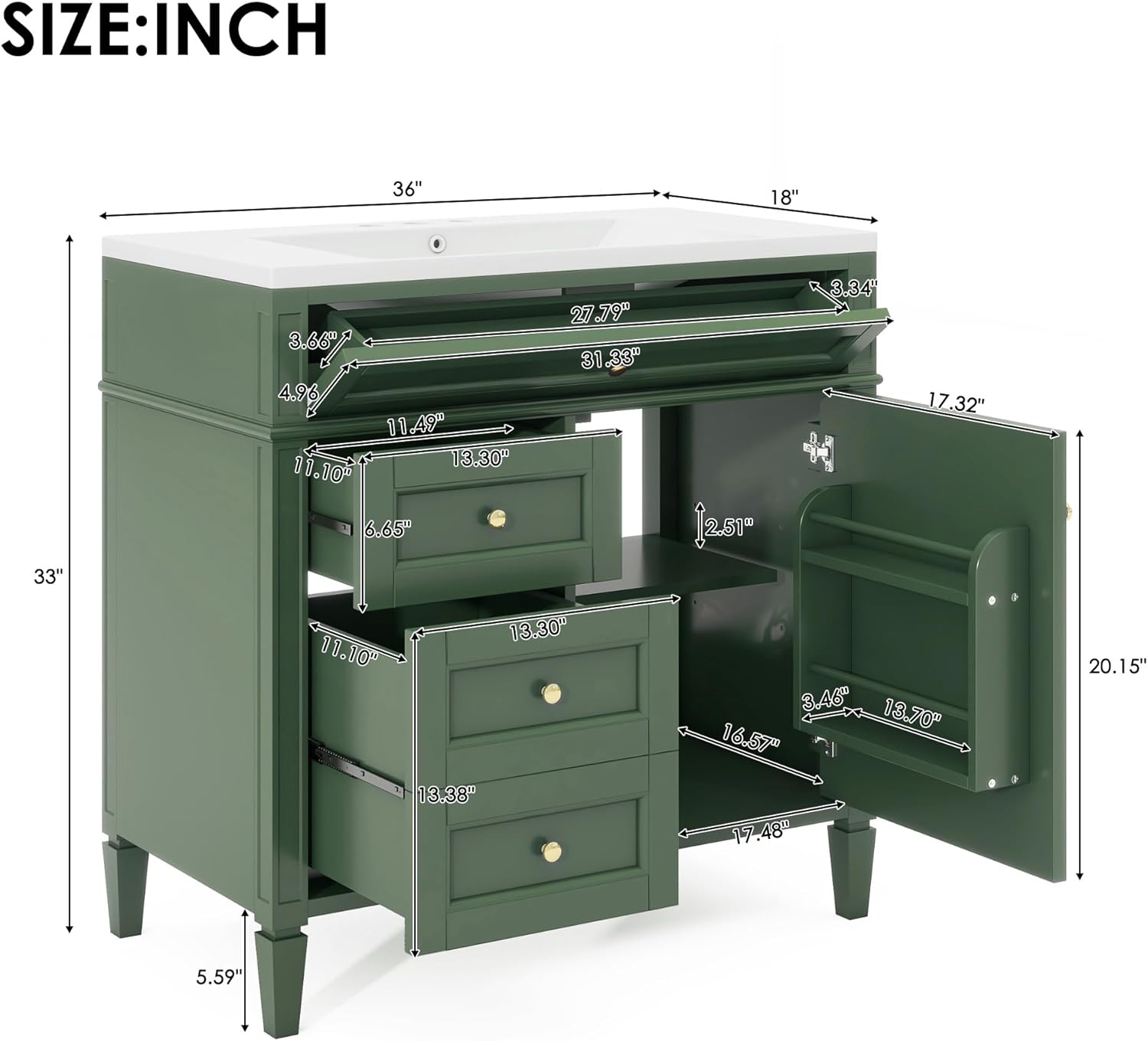 36" Bathroom Vanity with Single Sink Combo, Modern Undermount Bathroom Sink Cabinet with 2 Drawers and a Tip-Out Drawer, Freestanding Bathroom Vanities, Soft Closing, Solid Wood Frame