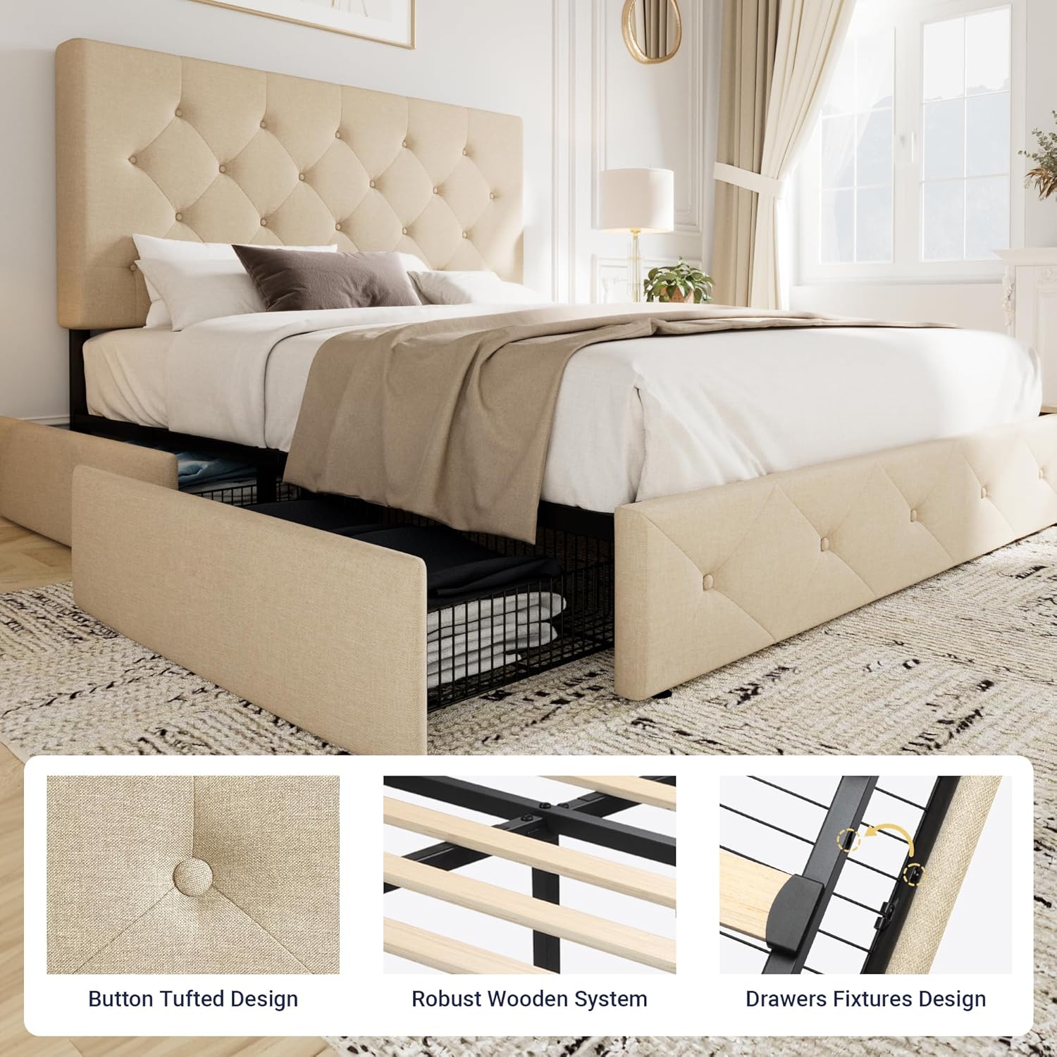 Allewie Upholstered Queen Size Platform Bed Frame with 4 Storage Drawers and Headboard, Square Stitched Button Tufted, Mattress Foundation with Wooden Slats Support, No Box Spring Needed, Light Grey