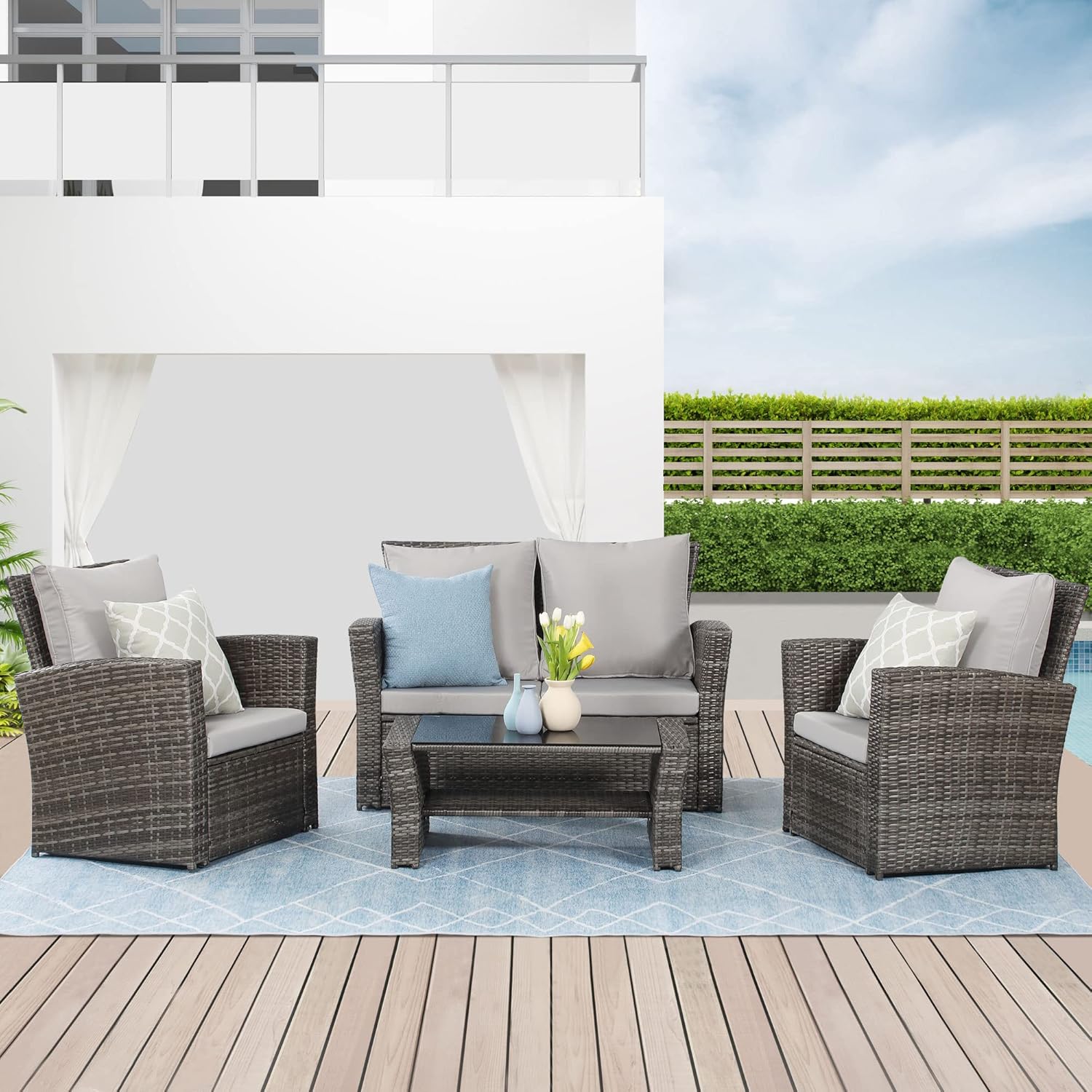 Wisteria Lane 4 Piece Outdoor Patio Furniture Sets, Wicker Conversation Set for Porch Deck, Grey Rattan Sofa Chair with Cushion （Blue