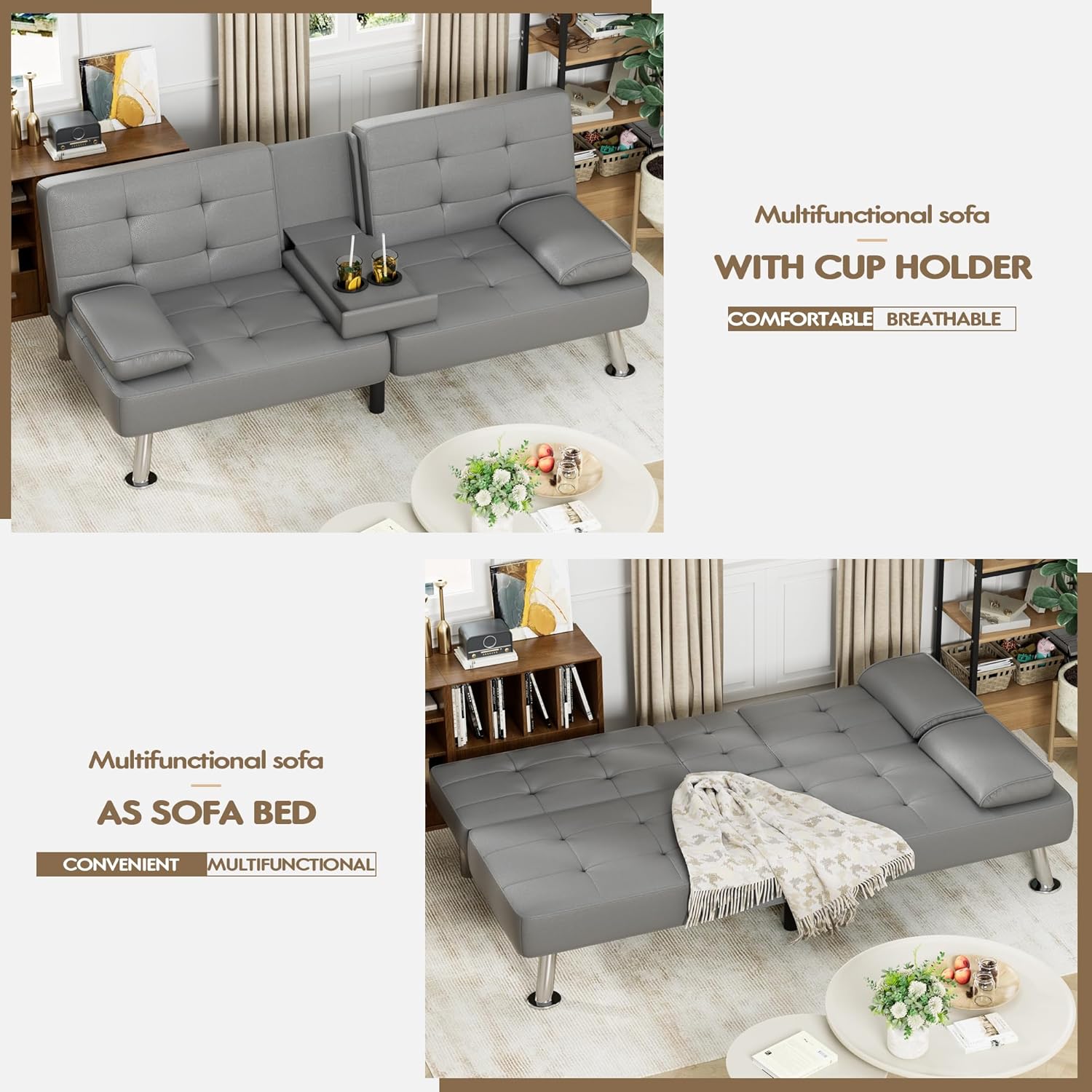 Homall Futon Sofa Bed, Leather Futon Couch with Removable Armrests, Adjustable Recliner Sleeper Sofa Bed with Dual Cup Holders for Living Room, Apartment, Office (Black)
