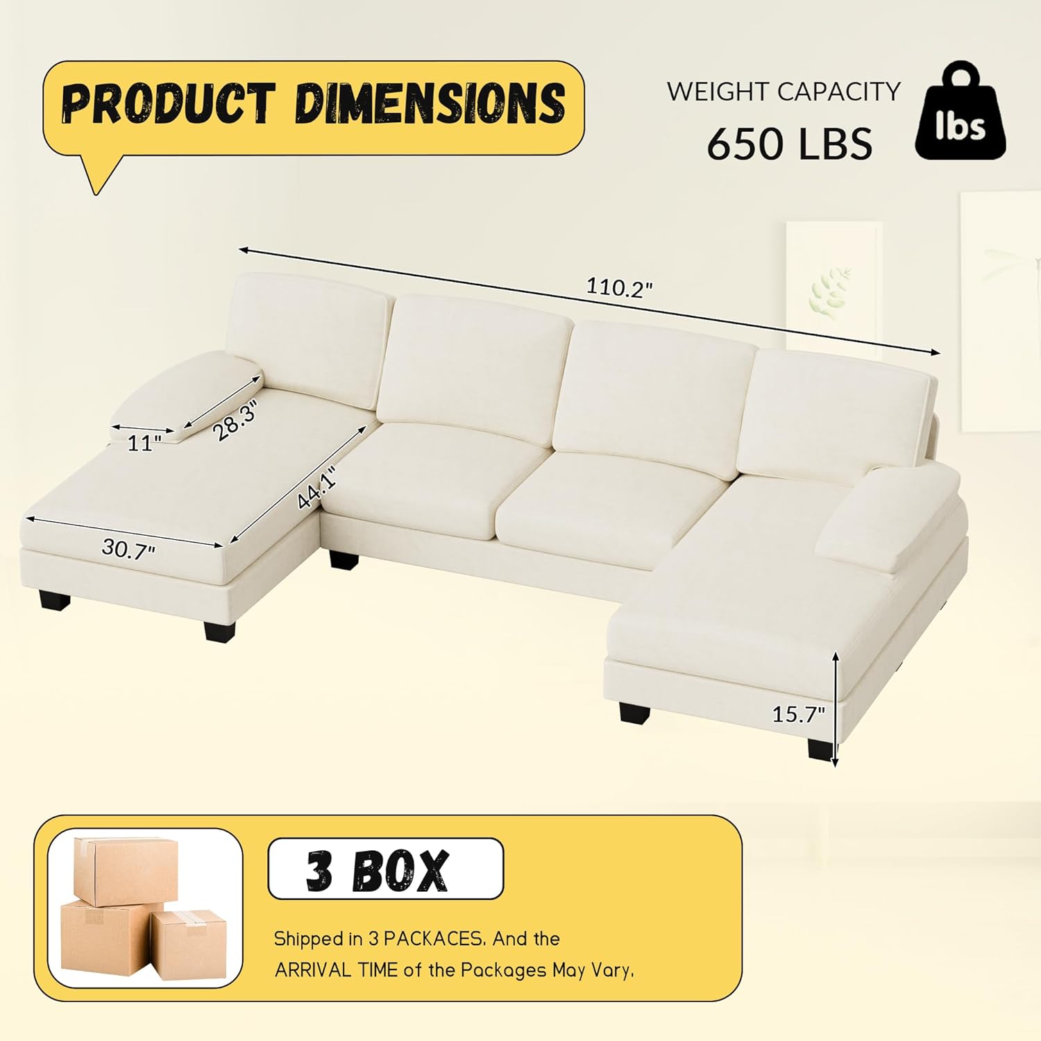 JUMMICO Sectional Couches for Living Room, U Shaped Couch with Chenille Fabric, 4 Seat Modern Sofa with Removable Pillows for Apartment and Small Space (Fabric, Grey)