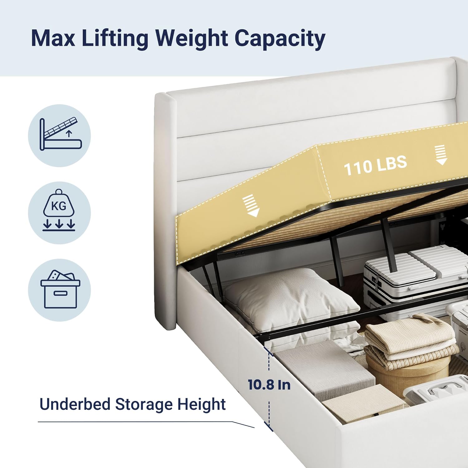 Allewie Queen Size Lift Up Storage Bed, Modern Wingback Headboard, Hydraulic Support, No Box Spring Needed, Light Beige