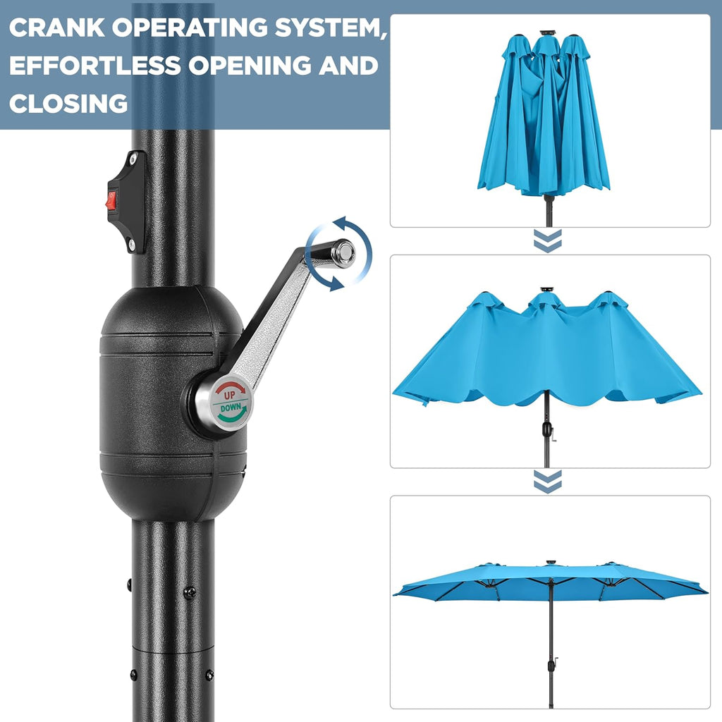 15 ft Large Patio Umbrella with Solar Lights Double-Sided Outdoor Rectangle Market Umbrellas with 36 LED Lights/Base Included/Easy Crank for Patio Garden Yard Pool Lawn, Brown