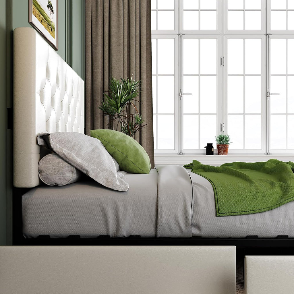 Allewie Upholstered Queen Size Platform Bed Frame with 4 Storage Drawers and Headboard, Square Stitched Button Tufted, Mattress Foundation with Wooden Slats Support, No Box Spring Needed, Light Grey