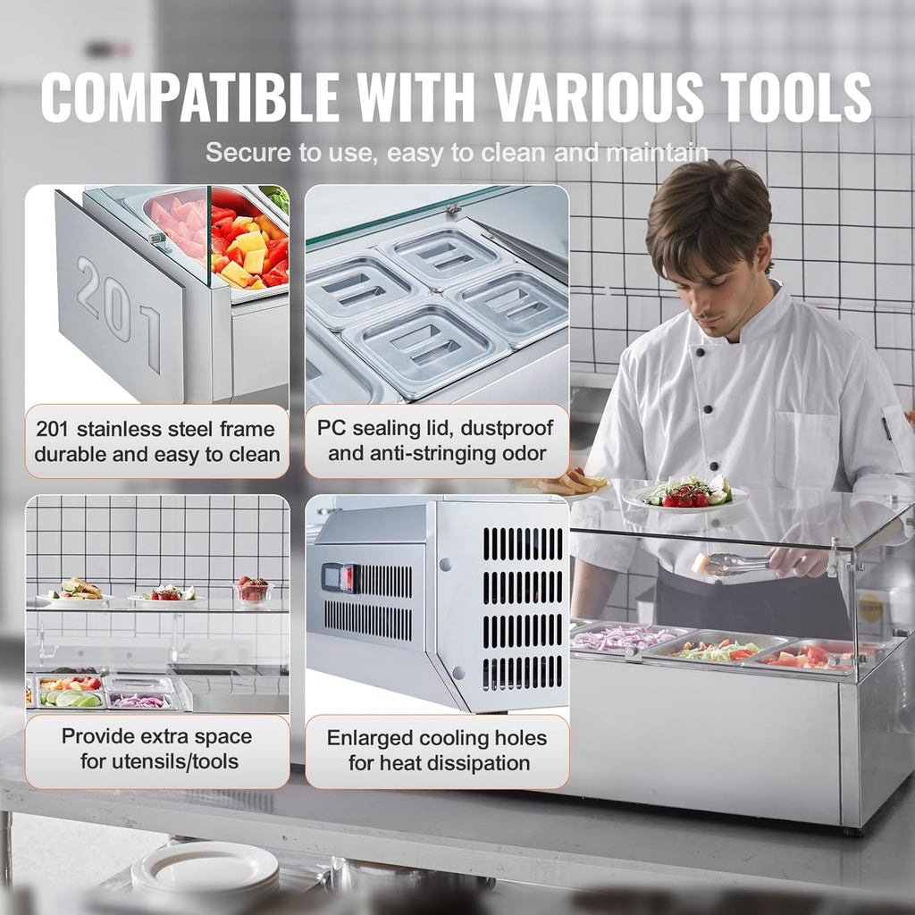 Refrigerated Condiment Prep Station, 135 W Countertop Refrigerated Condiment Station, with 2 1/3 Pans & 4 1/6 Pans, 304 Stainless Body and PC Lid, Sandwich Prep Table with Stainless Guard, ETL