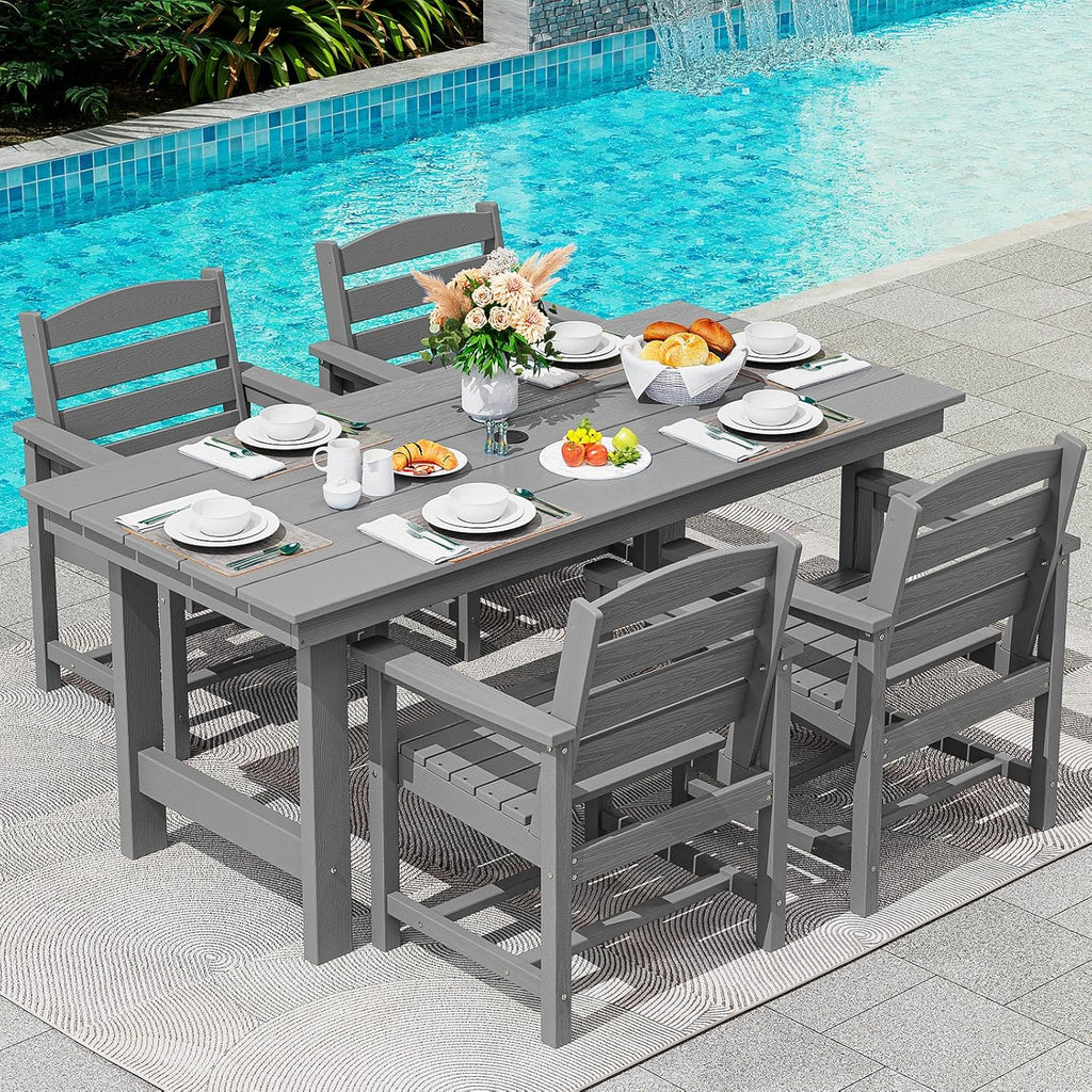 SERWALL 7-Piece Patio Table Set, Outdoor HDPE Dining Furniture with Umbrella Hole, All Weather Table and Chairs for Lawn, Garden, Poolside, Aruba
