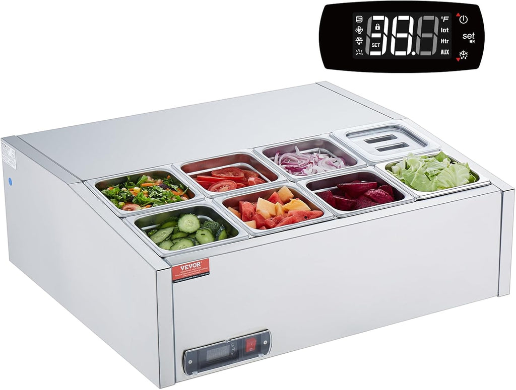 Refrigerated Condiment Prep Station, 135 W Countertop Refrigerated Condiment Station, with 2 1/3 Pans & 4 1/6 Pans, 304 Stainless Body and PC Lid, Sandwich Prep Table with Stainless Guard, ETL