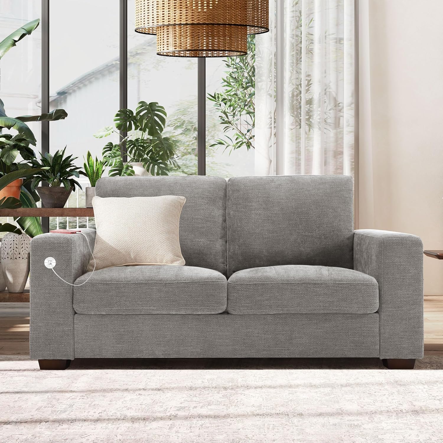 Hanherry 89" Sofa for Living Room, Modern Comfy Sofa with Medium Firm Seat Cushion, Removable Cover,Wide Armrest,USB/Type-C Port,Chenille Fabric Couches for Small Space,Apartment