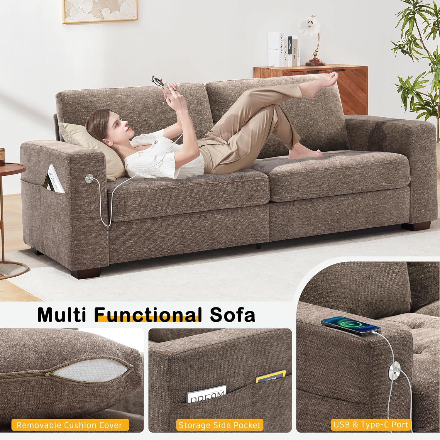 Hanherry 89" Sofa for Living Room, Modern Comfy Sofa with Medium Firm Seat Cushion, Removable Cover,Wide Armrest,USB/Type-C Port,Chenille Fabric Couches for Small Space,Apartment