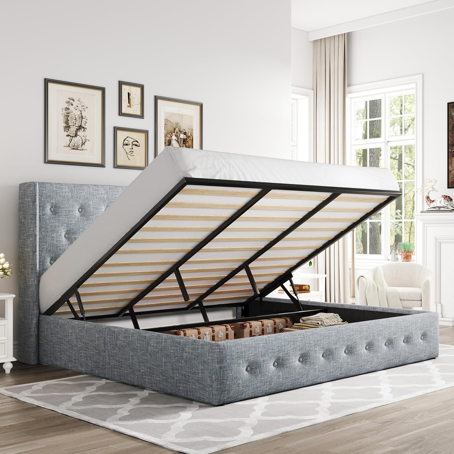 Allewie Queen Size Lift Up Storage Bed, Modern Wingback Headboard, Hydraulic Support, No Box Spring Needed, Light Beige