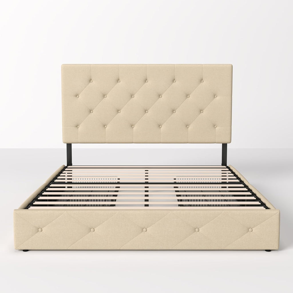 Allewie Upholstered Queen Size Platform Bed Frame with 4 Storage Drawers and Headboard, Square Stitched Button Tufted, Mattress Foundation with Wooden Slats Support, No Box Spring Needed, Light Grey