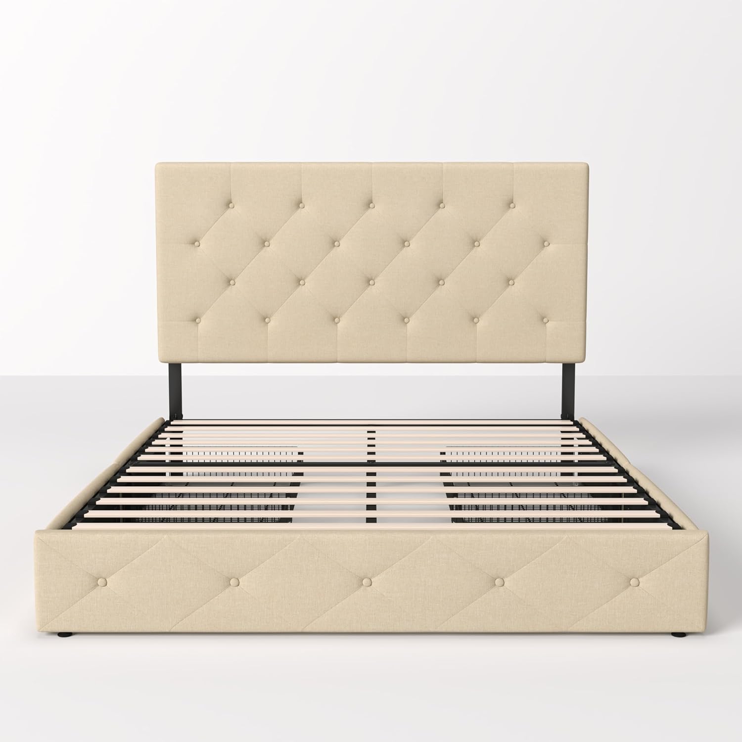 Allewie Upholstered Queen Size Platform Bed Frame with 4 Storage Drawers and Headboard, Square Stitched Button Tufted, Mattress Foundation with Wooden Slats Support, No Box Spring Needed, Light Grey