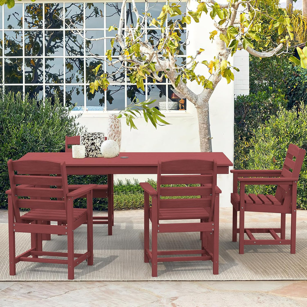 SERWALL 7-Piece Patio Table Set, Outdoor HDPE Dining Furniture with Umbrella Hole, All Weather Table and Chairs for Lawn, Garden, Poolside, Aruba