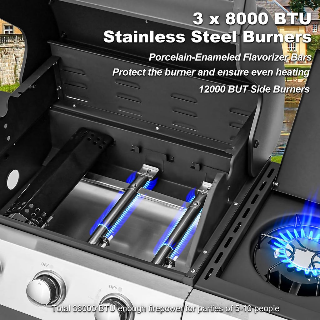 Upgraded 4 Burner BBQ Propane Gas Grill with Cast Iron Grates & Side Stove, 44,000 BTU Stainless Steel Burner Barbecue Grill for Patio, Camping, Outdoor Cooking MELLCOM