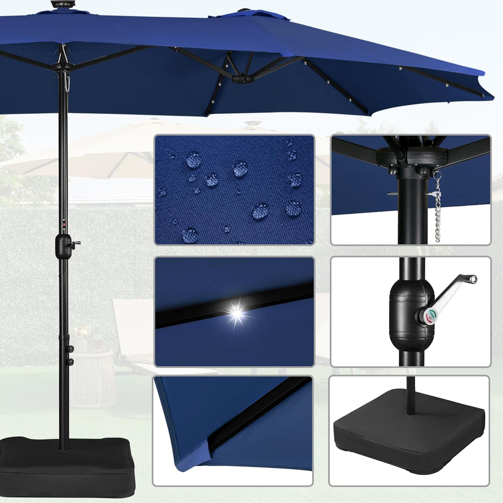 15 ft Large Patio Umbrella with Solar Lights Double-Sided Outdoor Rectangle Market Umbrellas with 36 LED Lights/Base Included/Easy Crank for Patio Garden Yard Pool Lawn, Brown