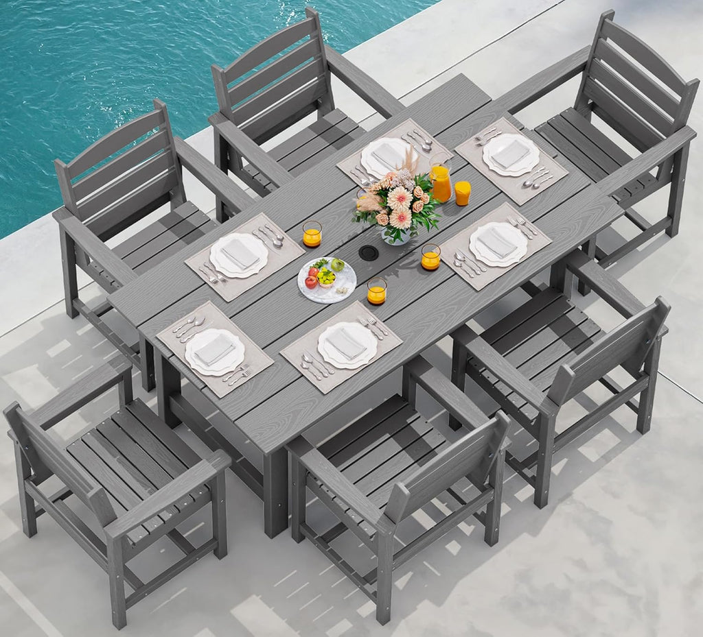 SERWALL 7-Piece Patio Table Set, Outdoor HDPE Dining Furniture with Umbrella Hole, All Weather Table and Chairs for Lawn, Garden, Poolside, Aruba