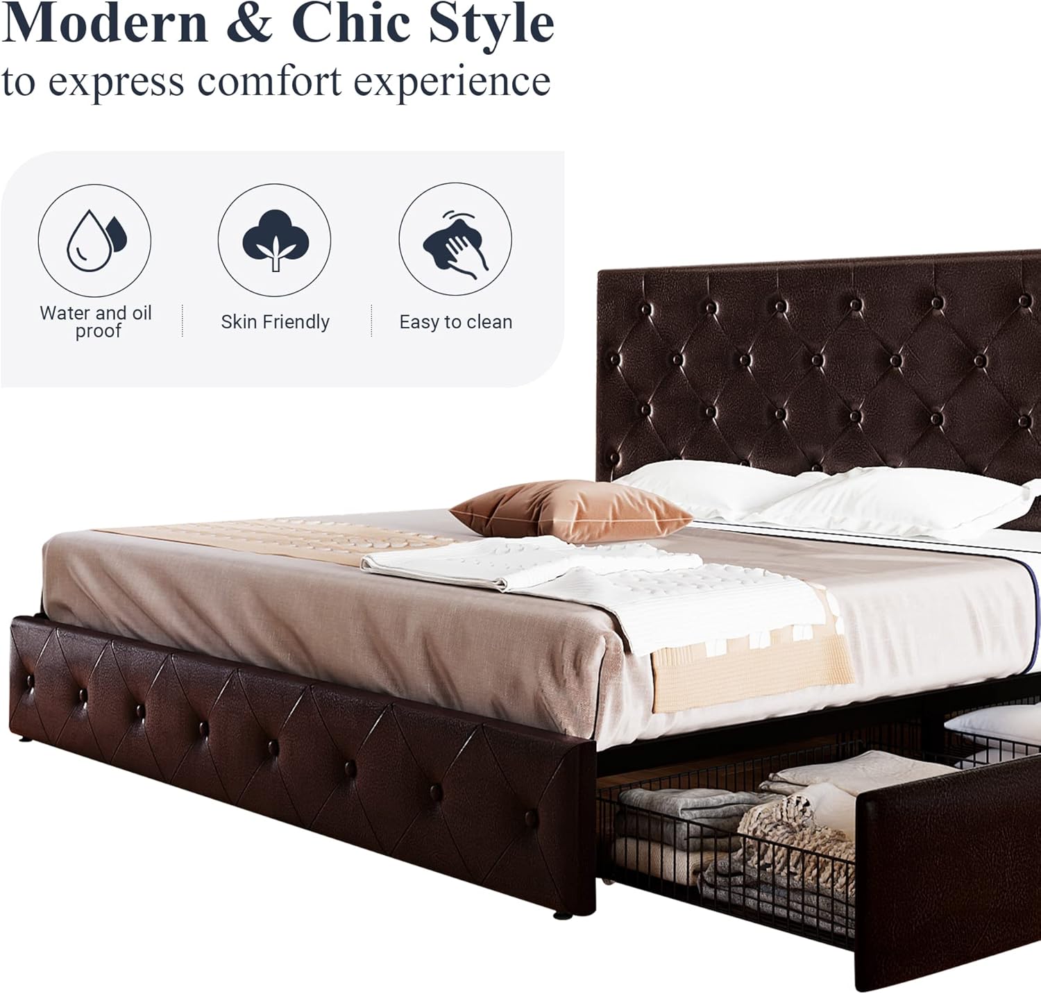 Allewie Upholstered Queen Size Platform Bed Frame with 4 Storage Drawers and Headboard, Square Stitched Button Tufted, Mattress Foundation with Wooden Slats Support, No Box Spring Needed, Light Grey