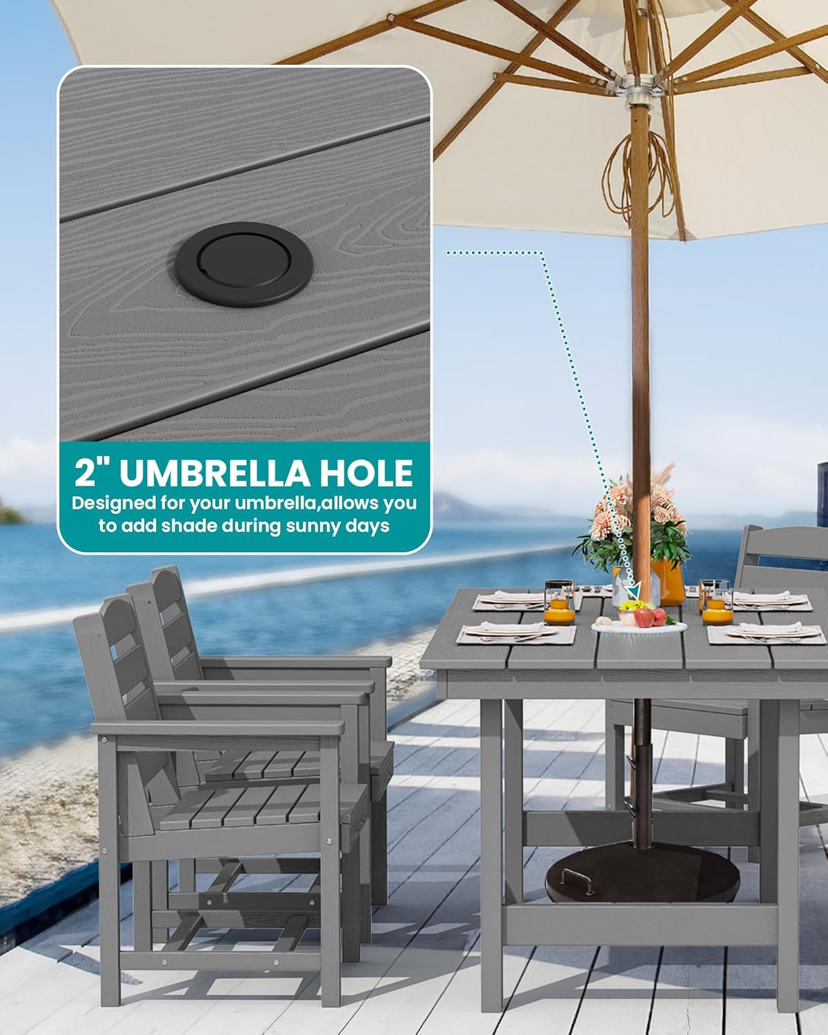 SERWALL 7-Piece Patio Table Set, Outdoor HDPE Dining Furniture with Umbrella Hole, All Weather Table and Chairs for Lawn, Garden, Poolside, Aruba
