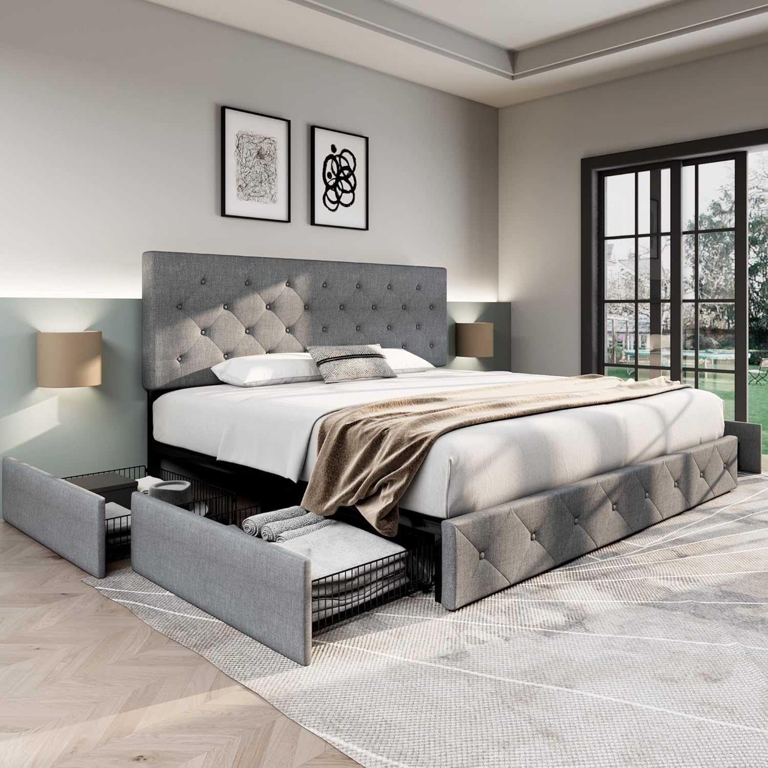 Allewie Upholstered Queen Size Platform Bed Frame with 4 Storage Drawers and Headboard, Square Stitched Button Tufted, Mattress Foundation with Wooden Slats Support, No Box Spring Needed, Light Grey