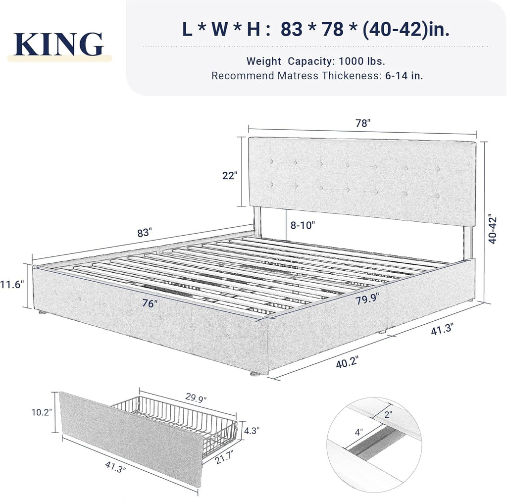 Allewie Upholstered Queen Size Platform Bed Frame with 4 Storage Drawers and Headboard, Square Stitched Button Tufted, Mattress Foundation with Wooden Slats Support, No Box Spring Needed, Light Grey