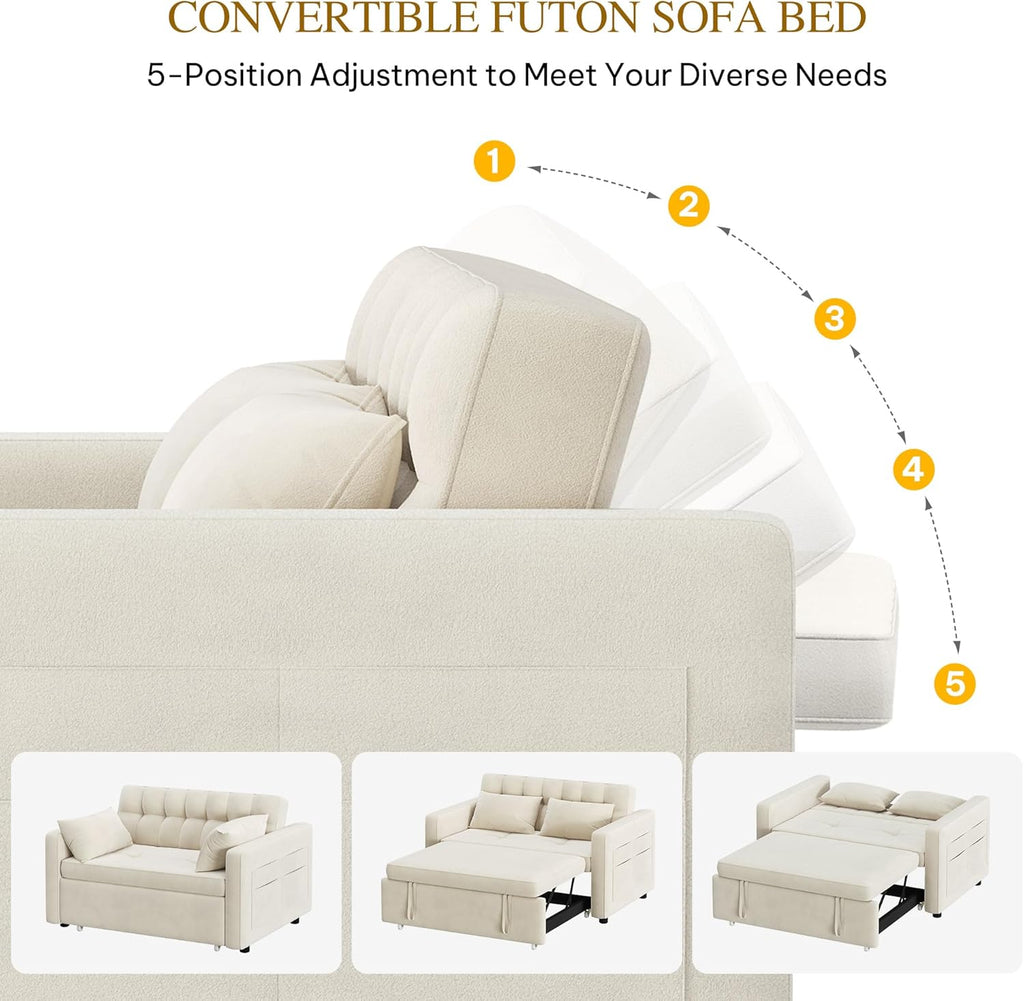 DWVO 3-in-1 Convertible Sofa Bed, 55" Sleeper Sofa with Pull-Out Bed, Cat-Scratch-Proof Fabric Futon Couch with Adjustable Backrest and Side Pocket, Loveseat for Living Room Apartment, Grey