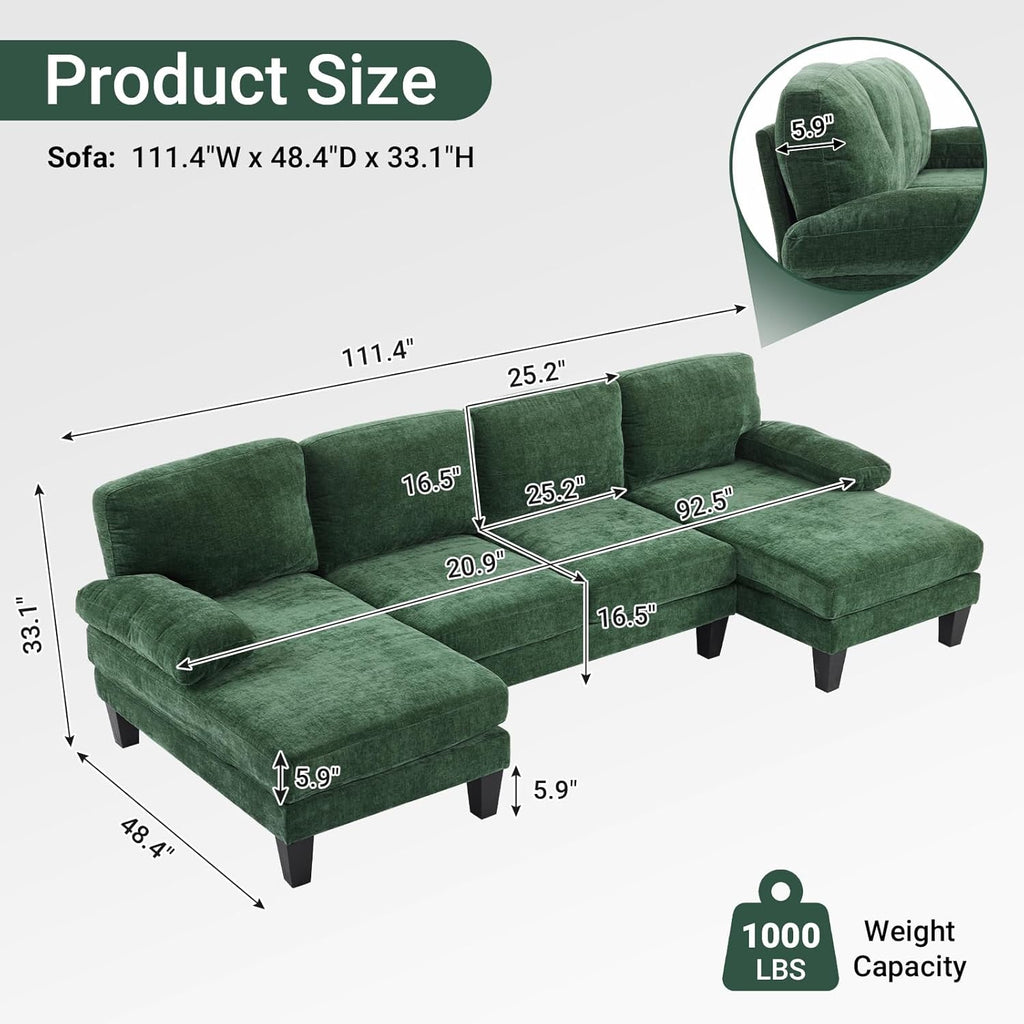 VINGLI 110" Sectional Couches for Living Room,U Shaped Couch with Double Chaise, 4-Seat Sofa Set with Chenille Fabric for Home Furniture,Beige