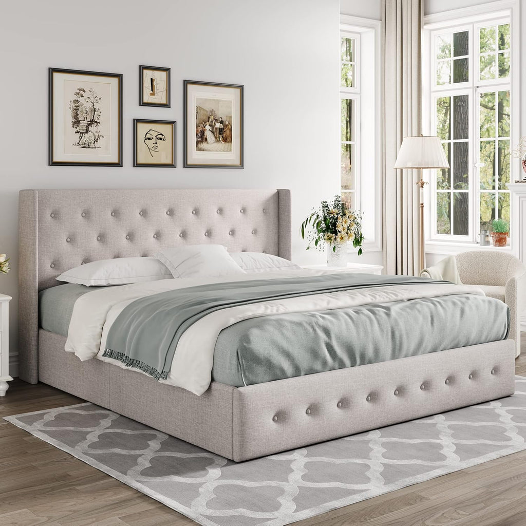 Allewie Queen Size Lift Up Storage Bed, Modern Wingback Headboard, Hydraulic Support, No Box Spring Needed, Light Beige