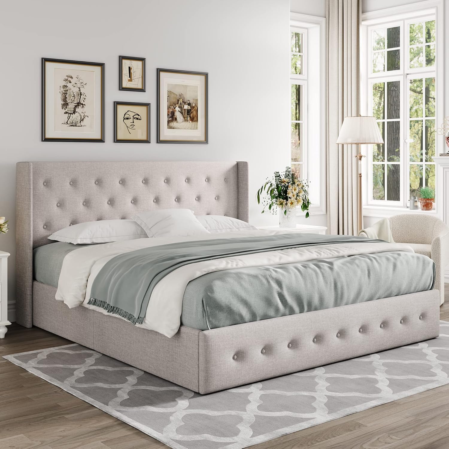 Allewie Queen Size Lift Up Storage Bed, Modern Wingback Headboard, Hydraulic Support, No Box Spring Needed, Light Beige