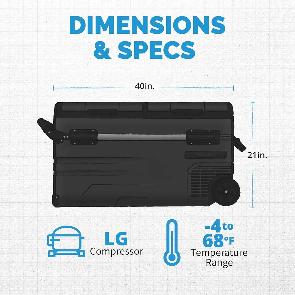 48 Qt. Portable 12v Electric Cooler with LG Compressor, Fridge and Freezer, Rugged Wheels, and Solar Power Input, Perfect Plug-In Cooler for Camping, Trucks, Travel, Car and Home