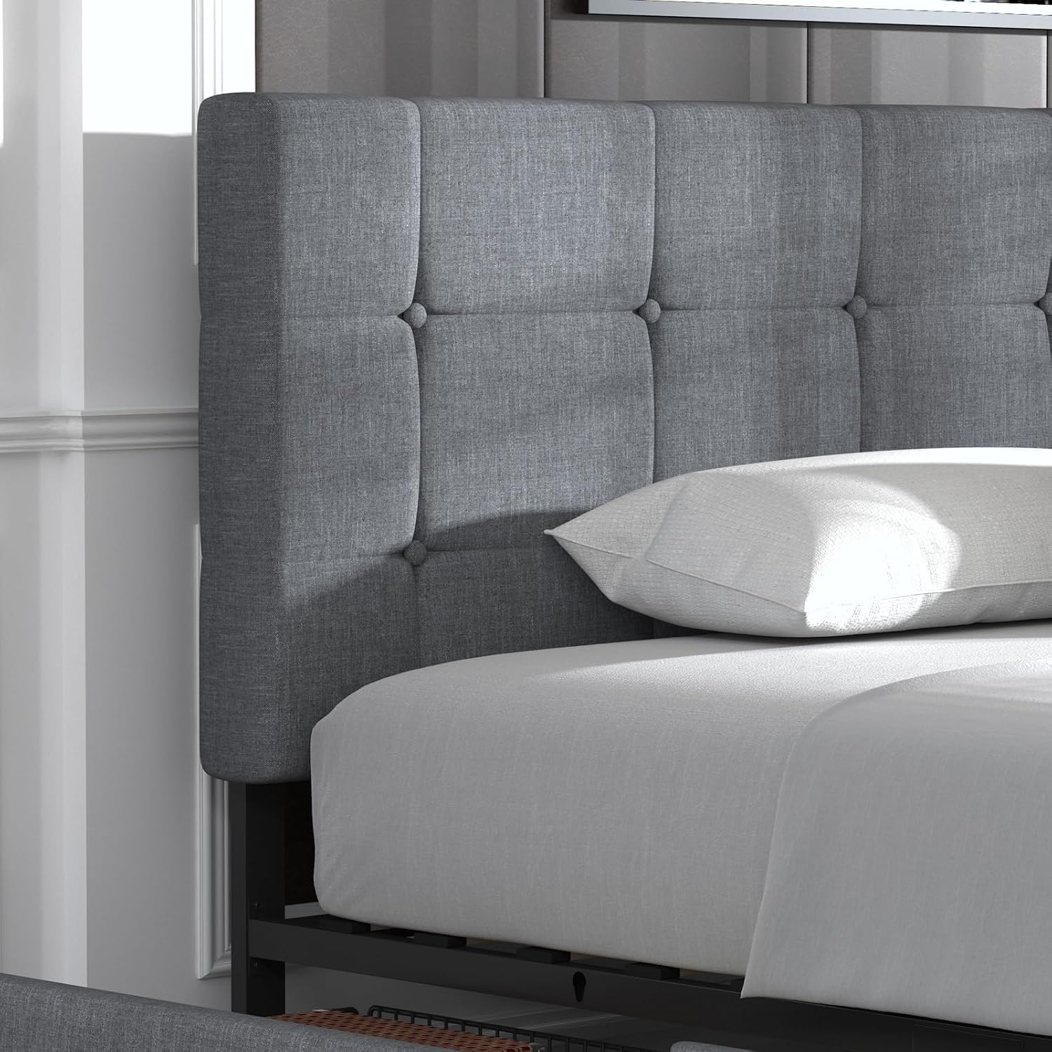 Allewie Upholstered Queen Size Platform Bed Frame with 4 Storage Drawers and Headboard, Square Stitched Button Tufted, Mattress Foundation with Wooden Slats Support, No Box Spring Needed, Light Grey