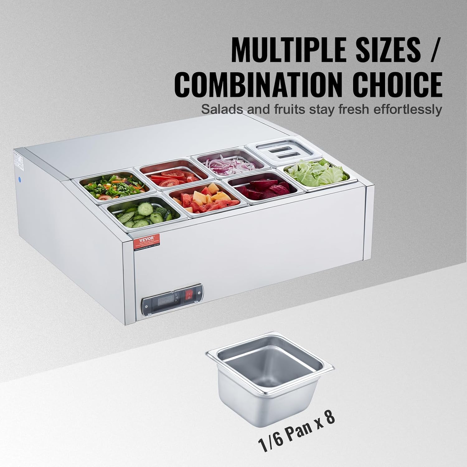 Refrigerated Condiment Prep Station, 135 W Countertop Refrigerated Condiment Station, with 2 1/3 Pans & 4 1/6 Pans, 304 Stainless Body and PC Lid, Sandwich Prep Table with Stainless Guard, ETL